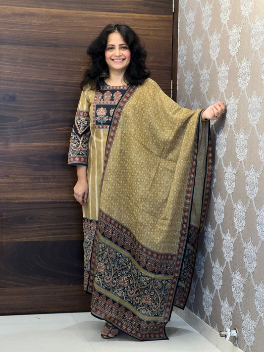 Digital Printed Mustard Yellow Colour Pure Cotton Dupatta Set