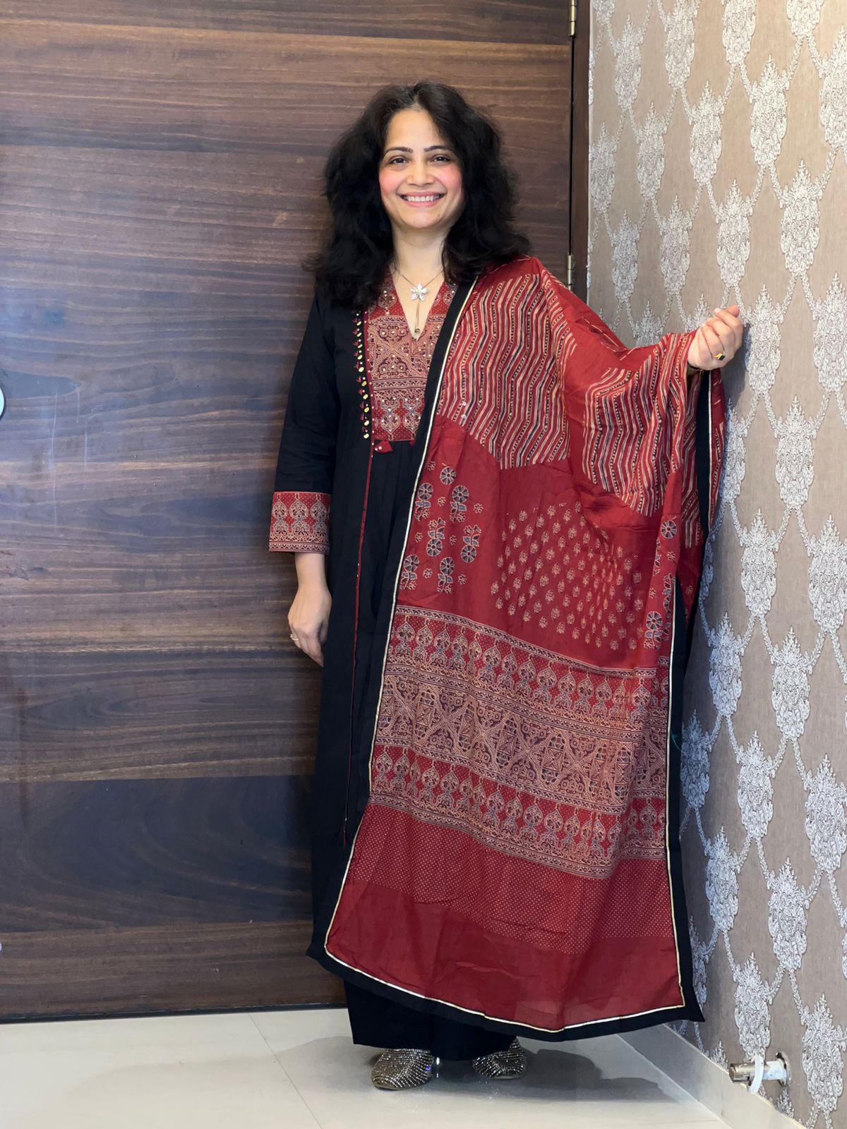 Black Colour Premium Cotton Dupatta Set With Ajrakh Patching