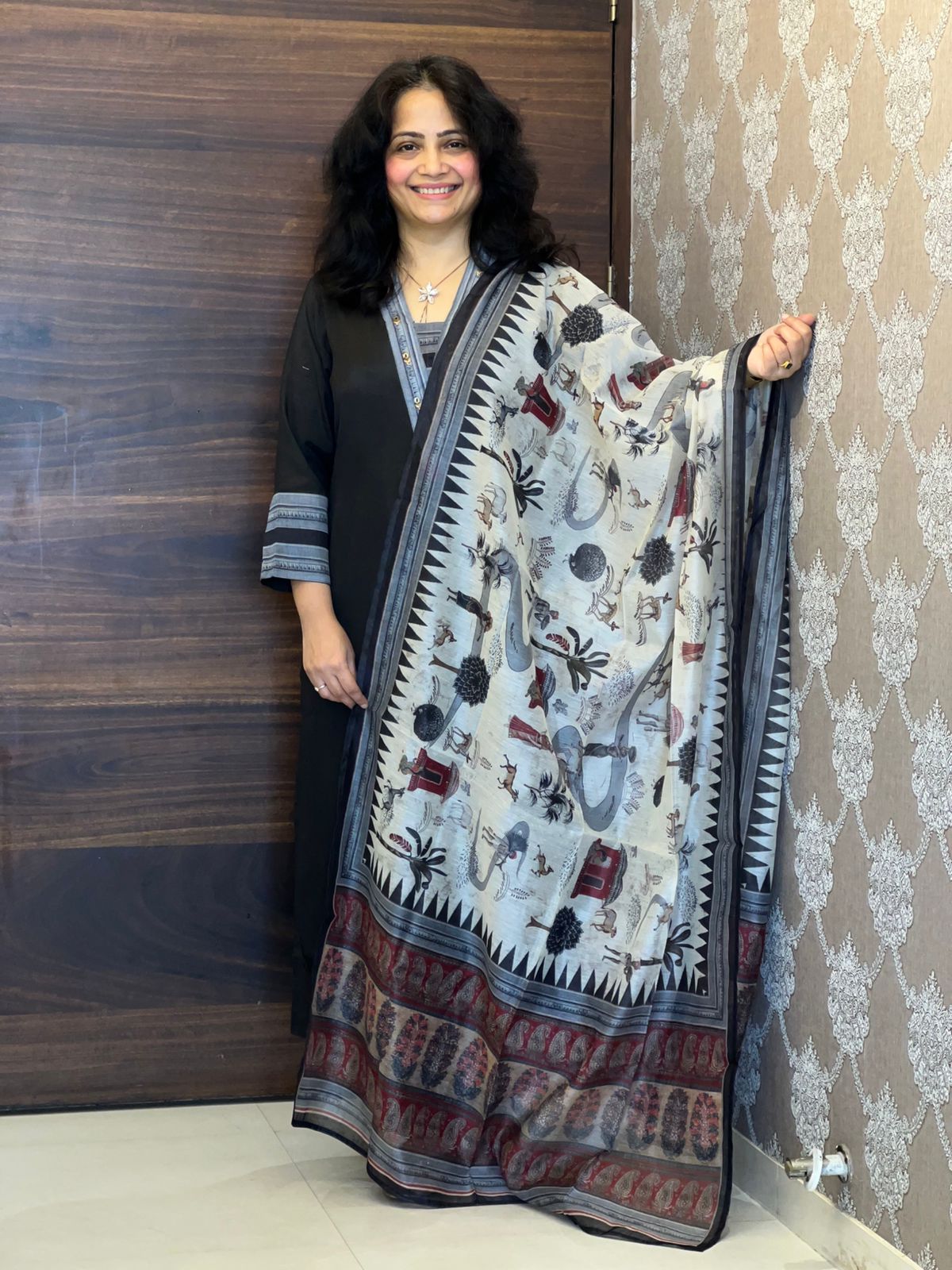 Black Colour Pure Muslin Dupatta Set