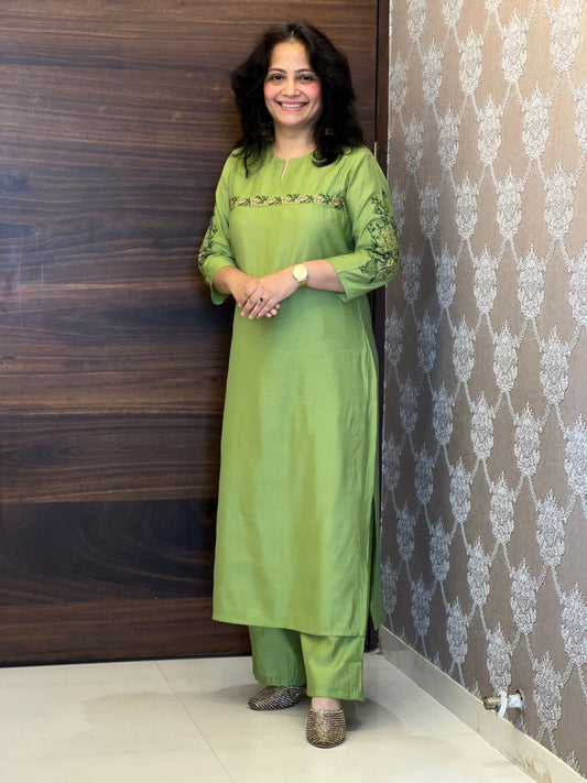 Lime Green  Modal Muslin Kurti-Pant Set