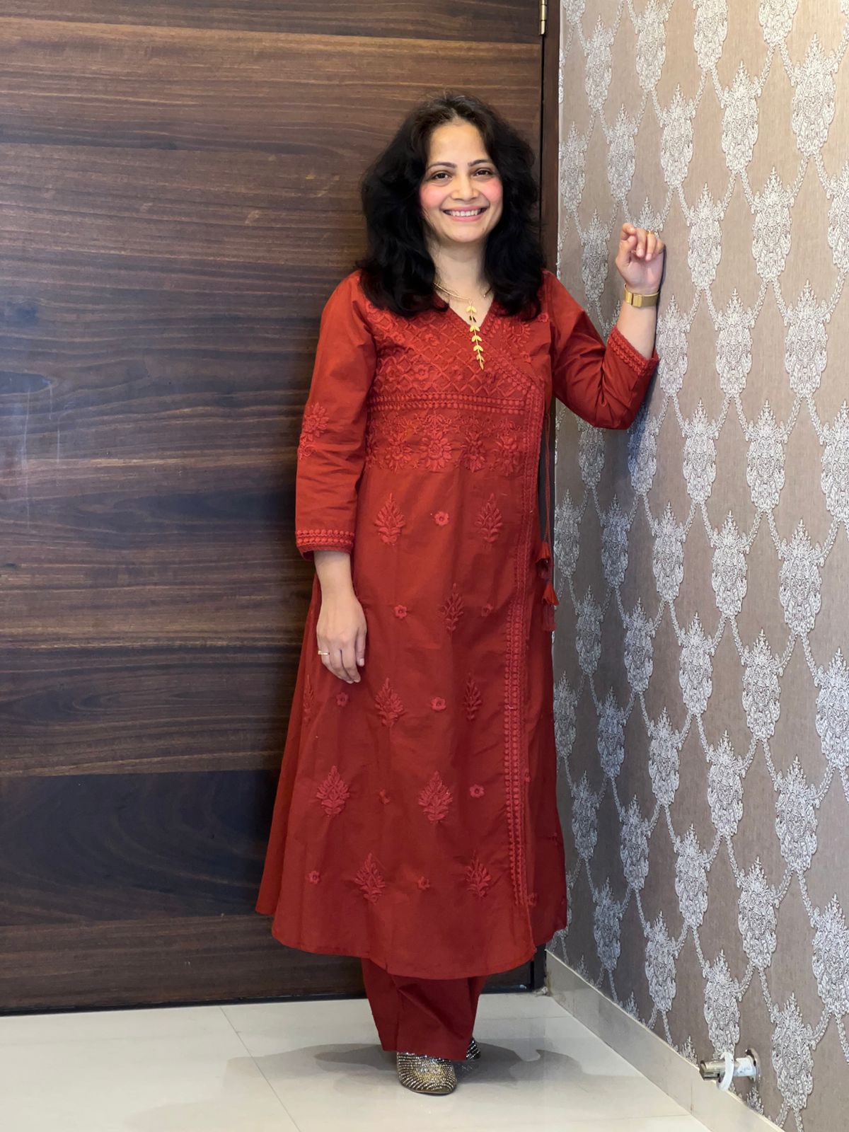 Brick Orange Chikankari Pure Cotton Angarkha Pattern Kurti-Pant Set