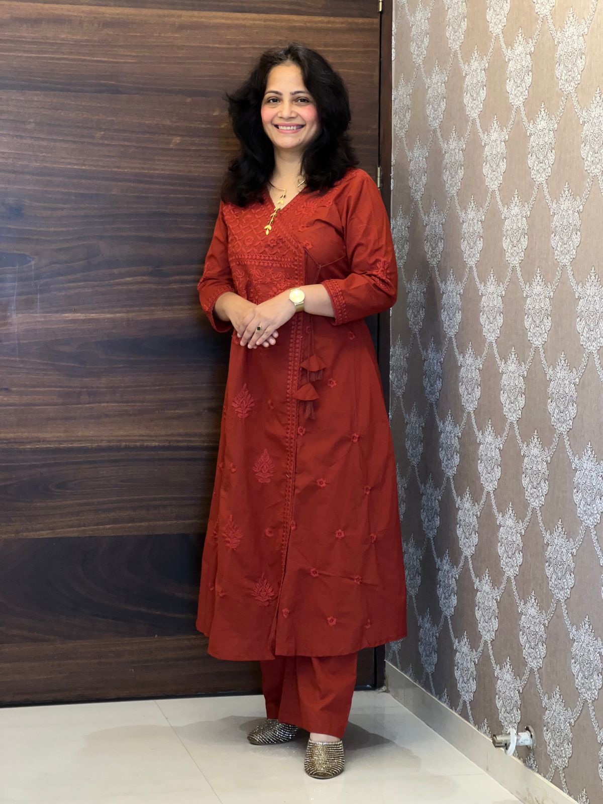 Brick Orange Chikankari Pure Cotton Angarkha Pattern Kurti-Pant Set