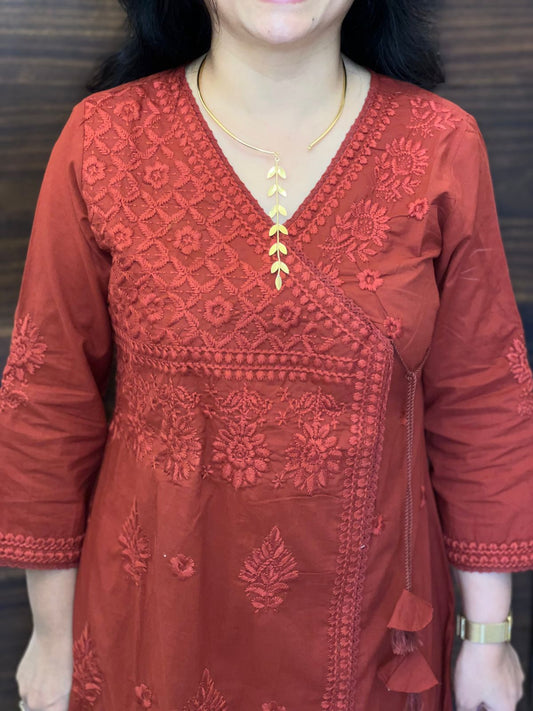 Brick Orange Chikankari Pure Cotton Angarkha Pattern Kurti-Pant Set