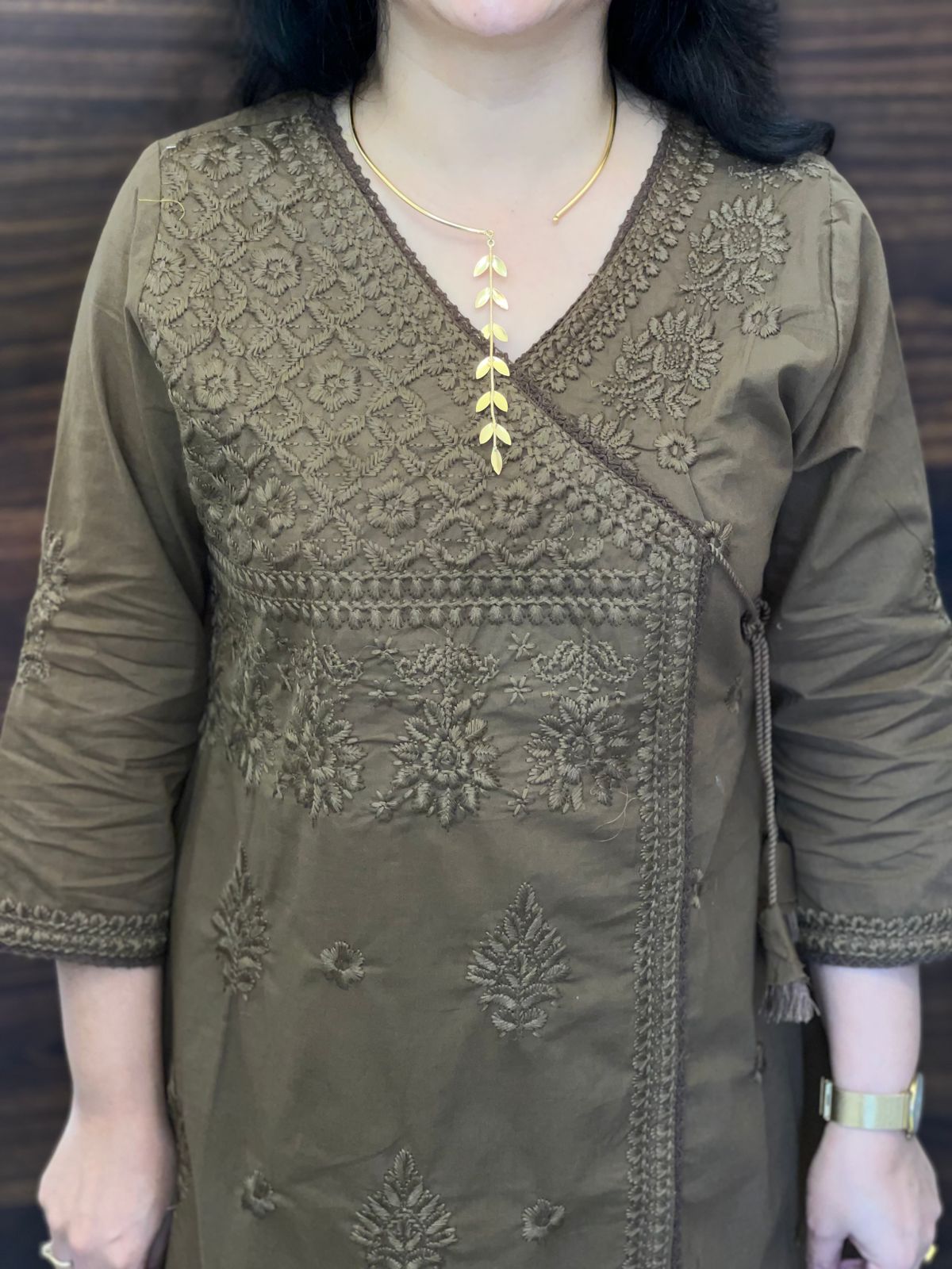 Olive Tan Chikankari Pure Cotton Angarkha Pattern Kurti-Pant Set