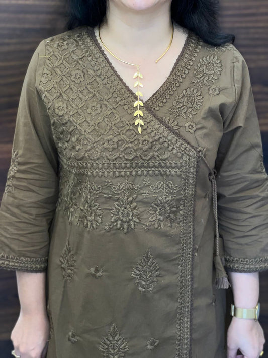 Olive Tan Chikankari Pure Cotton Angarkha Pattern Kurti-Pant Set