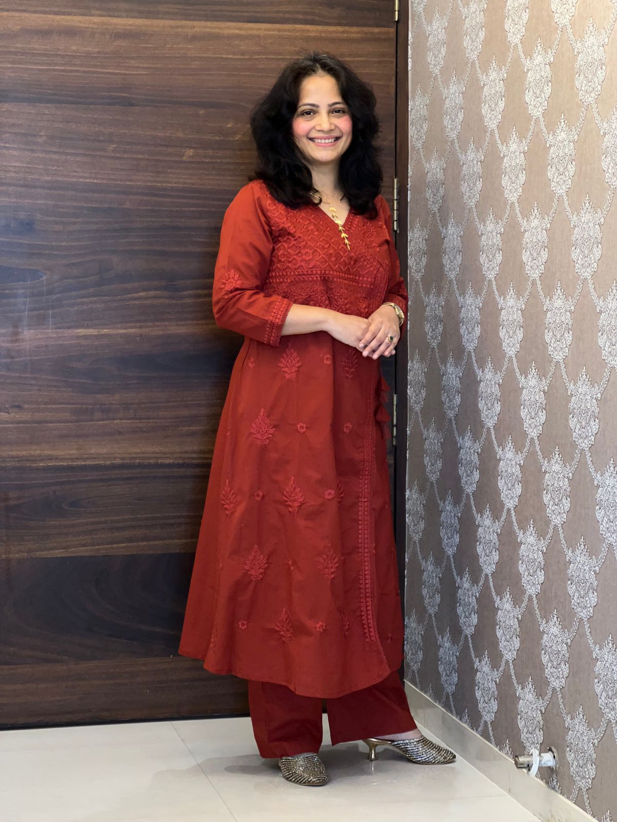 Brick Orange Chikankari Pure Cotton Angarkha Pattern Kurti-Pant Set