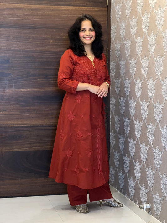 Brick Orange Chikankari Pure Cotton Angarkha Pattern Kurti-Pant Set