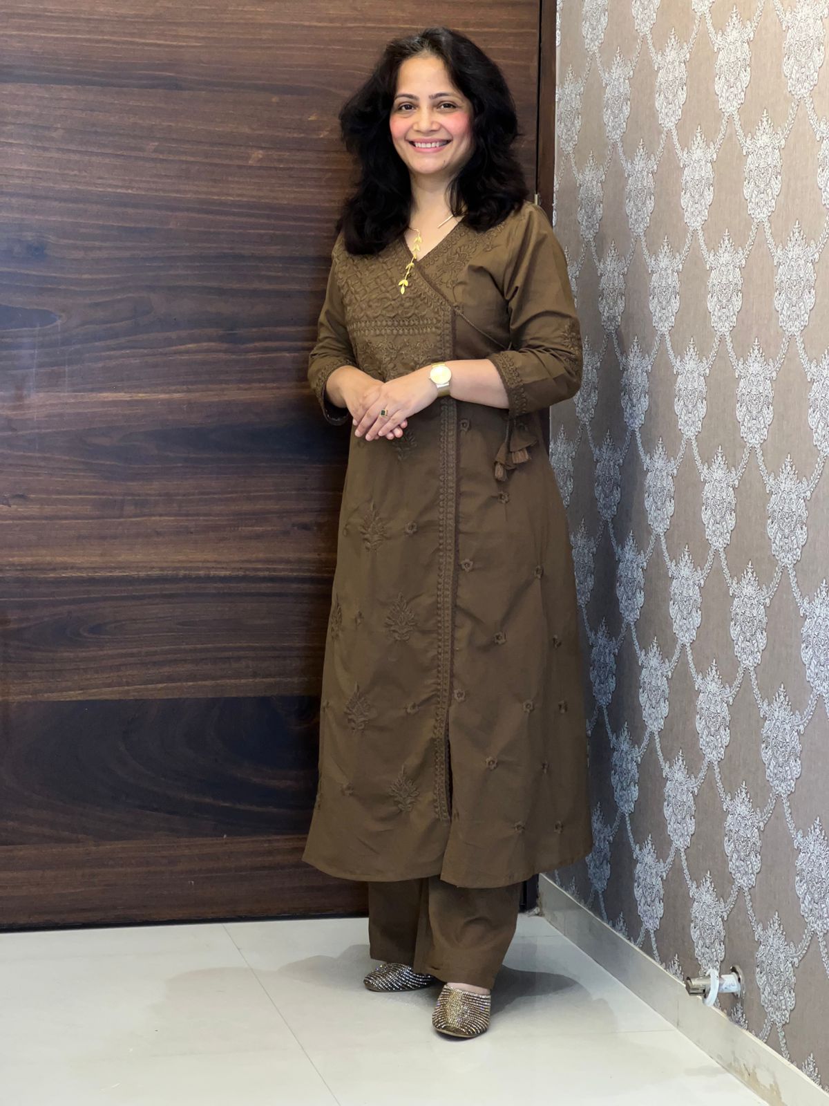 Olive Tan Chikankari Pure Cotton Angarkha Pattern Kurti-Pant Set