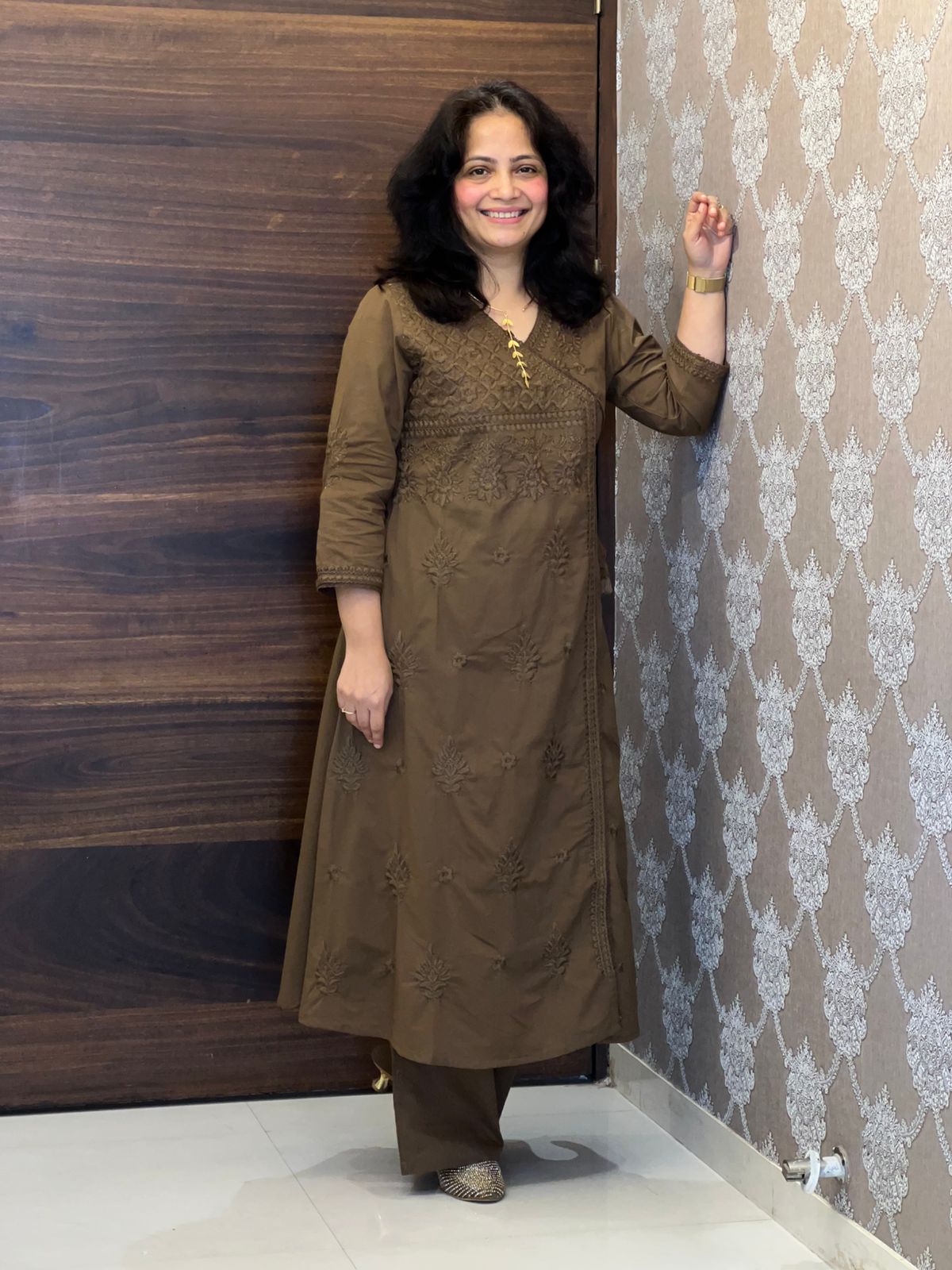 Olive Tan Chikankari Pure Cotton Angarkha Pattern Kurti-Pant Set