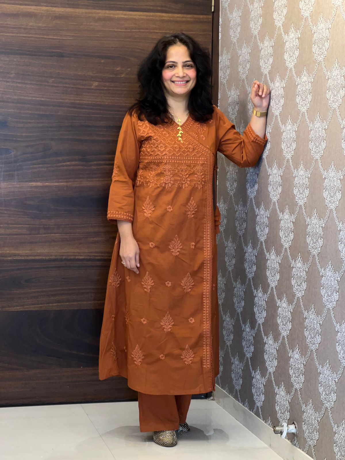 Rust Orange Chikankari Pure Cotton Angarkha Pattern Kurti-Pant Set