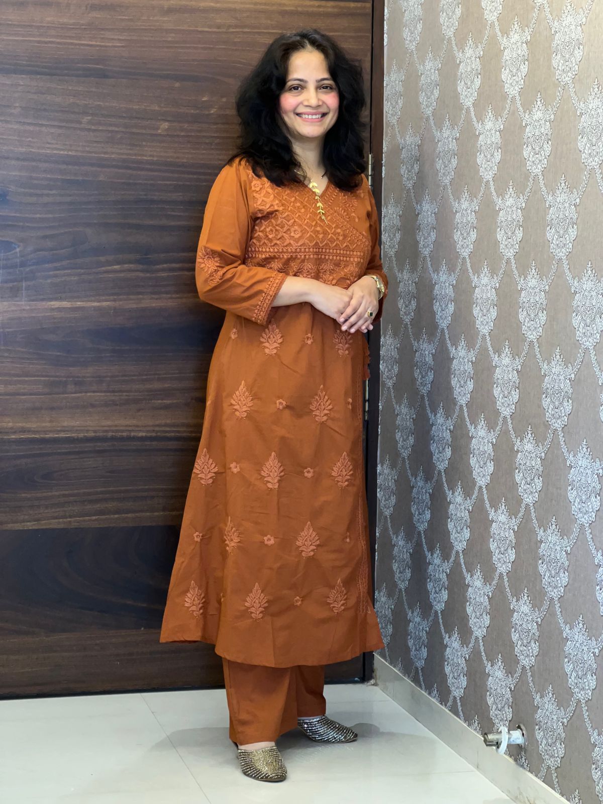 Rust Orange Chikankari Pure Cotton Angarkha Pattern Kurti-Pant Set