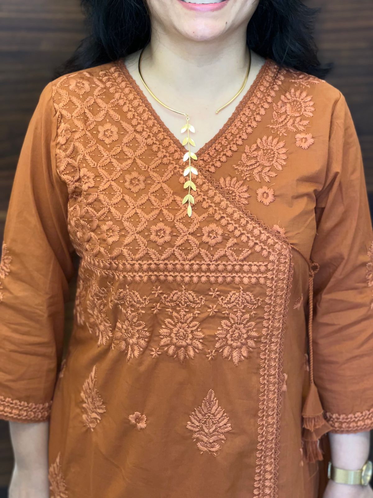 Rust Orange Chikankari Pure Cotton Angarkha Pattern Kurti-Pant Set