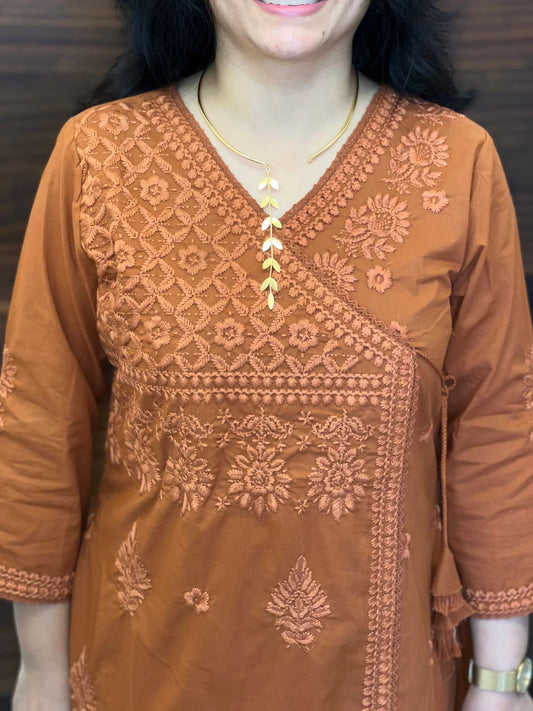 Rust Orange Chikankari Pure Cotton Angarkha Pattern Kurti-Pant Set