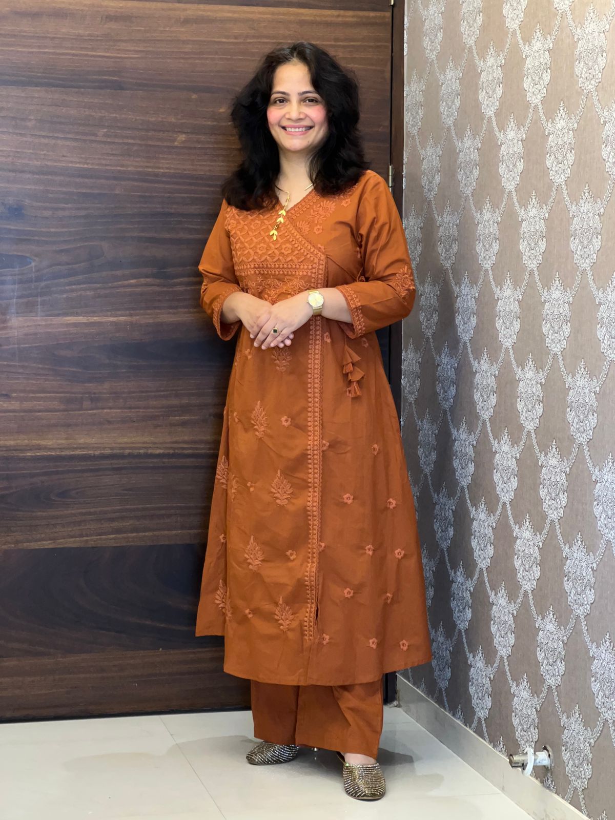 Rust Orange Chikankari Pure Cotton Angarkha Pattern Kurti-Pant Set