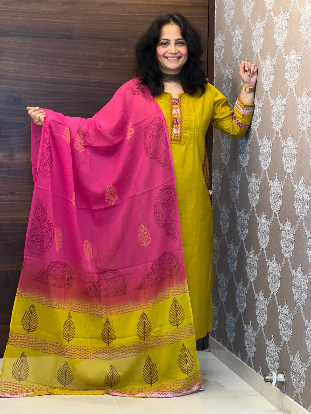 Yellow Colour Premium Cotton Dupatta Set