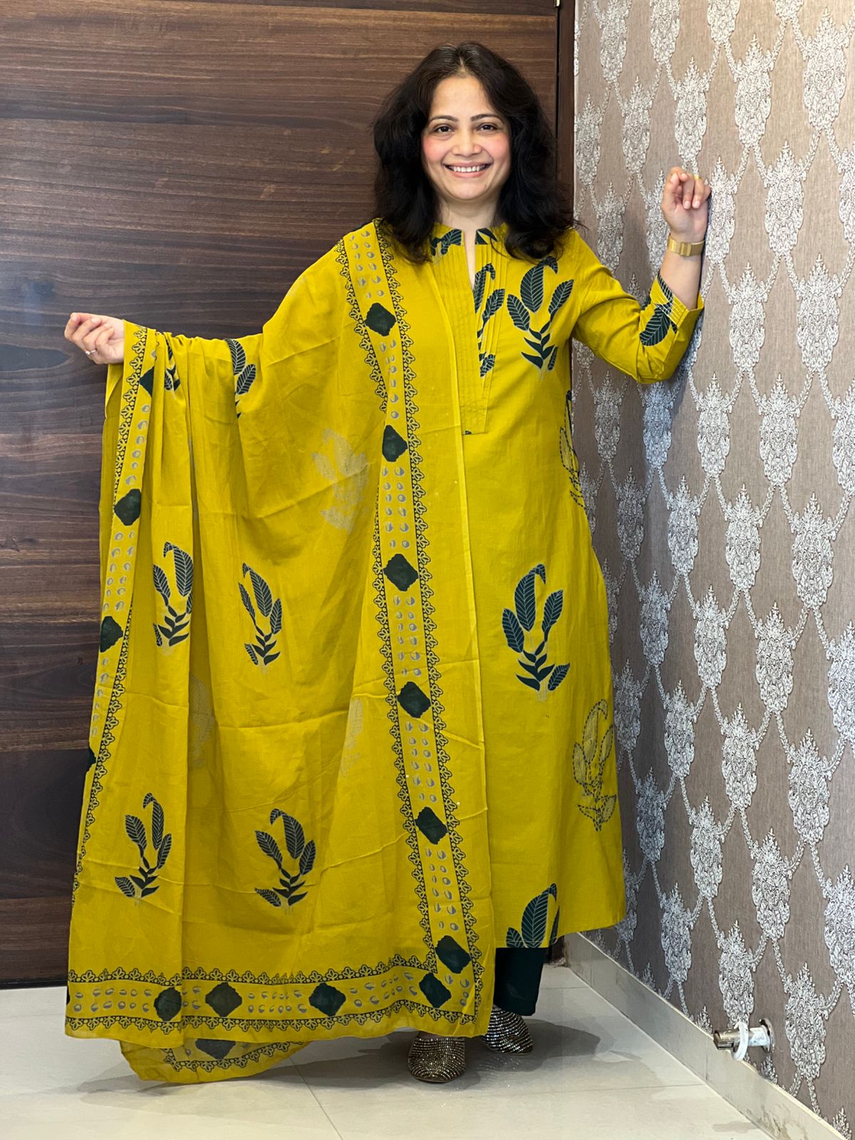 Mustard Pure Cotton A line Dupatta Set