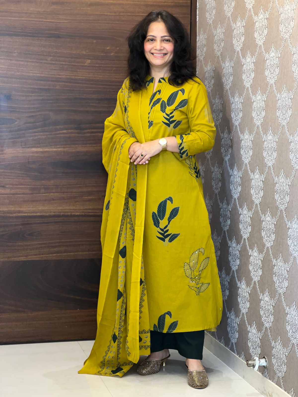 Mustard Pure Cotton A line Dupatta Set