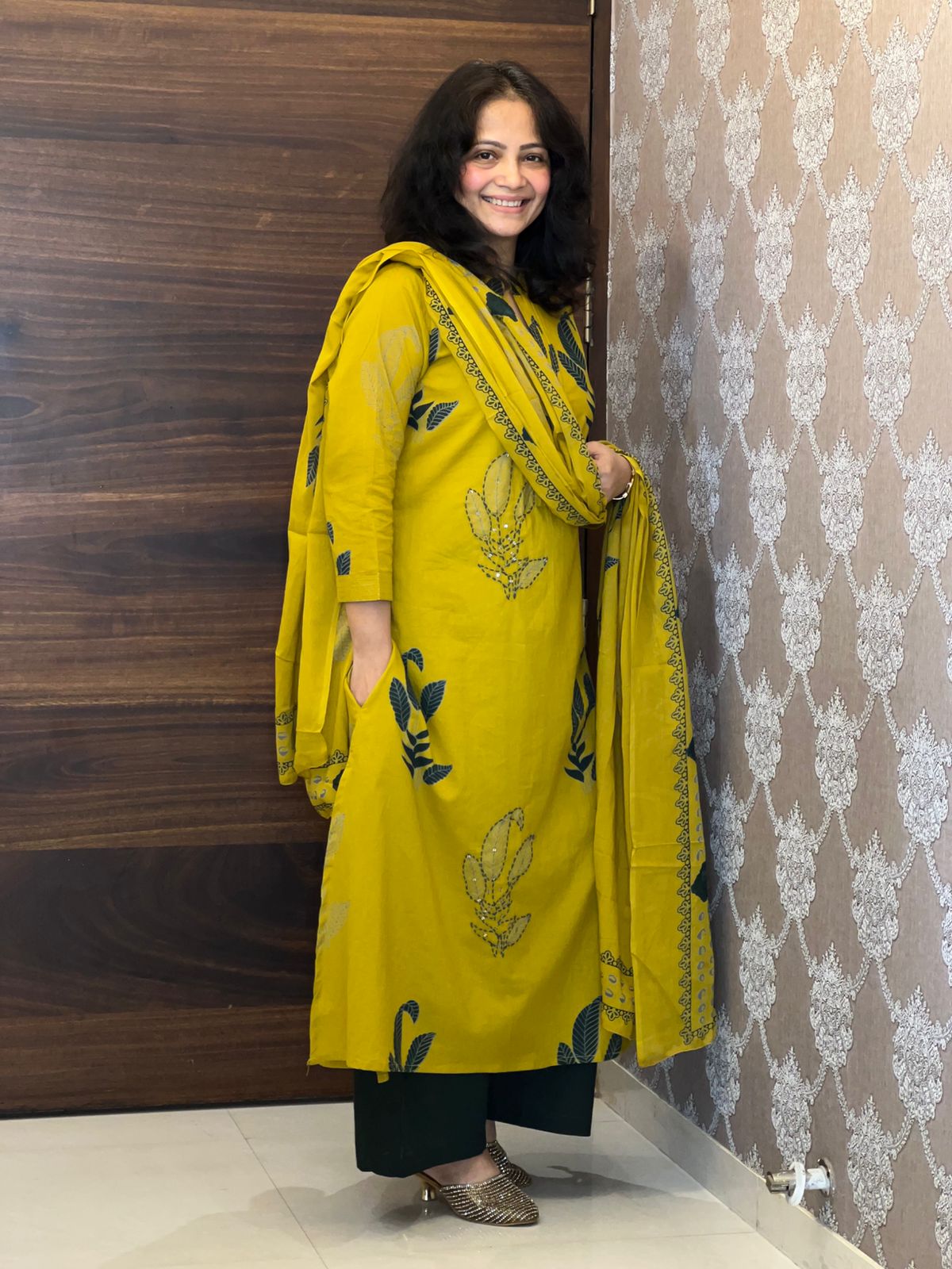 Mustard Pure Cotton A line Dupatta Set