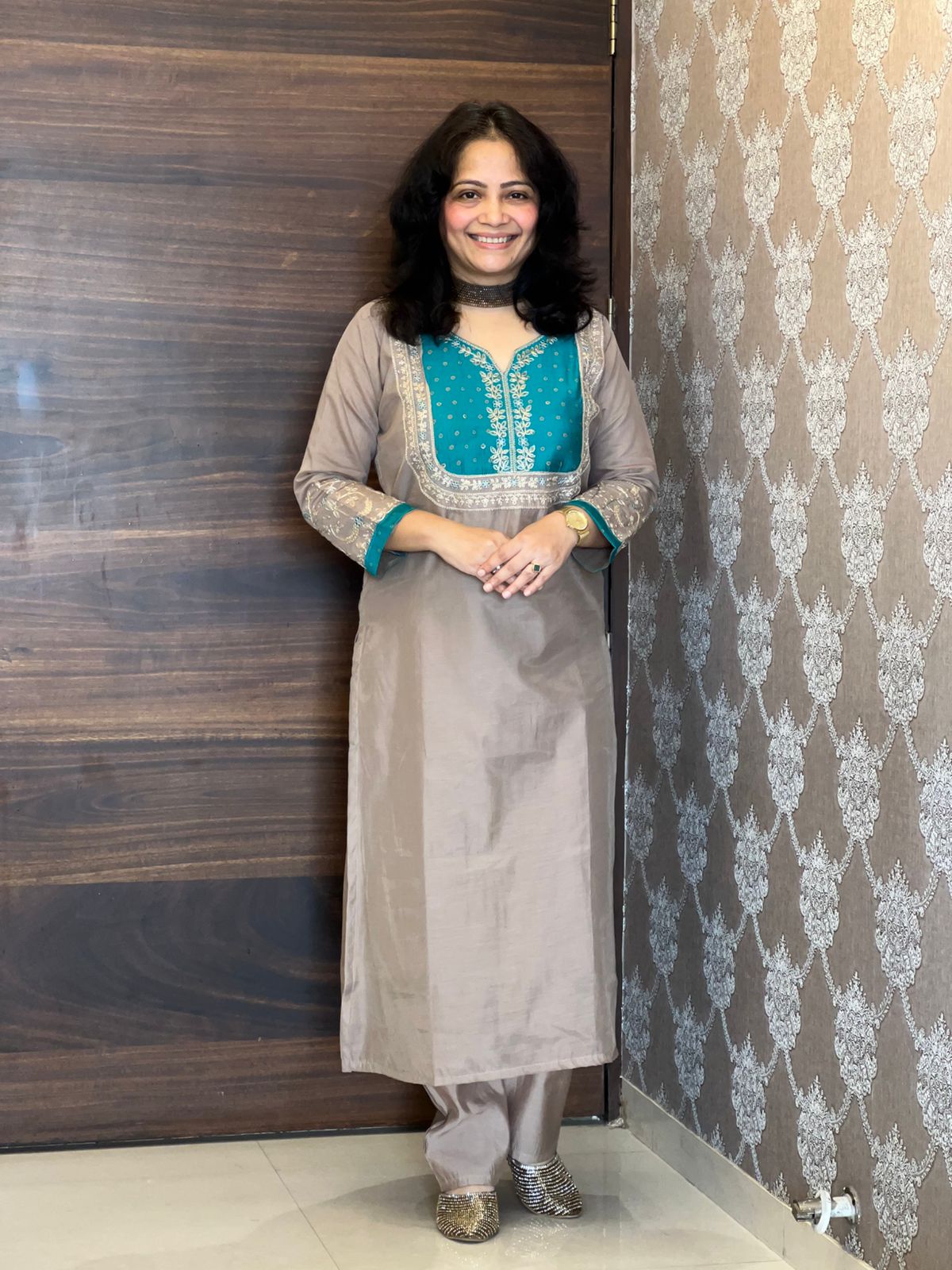 Nude & Firozi Color Mul Chanderi Dupatta Set