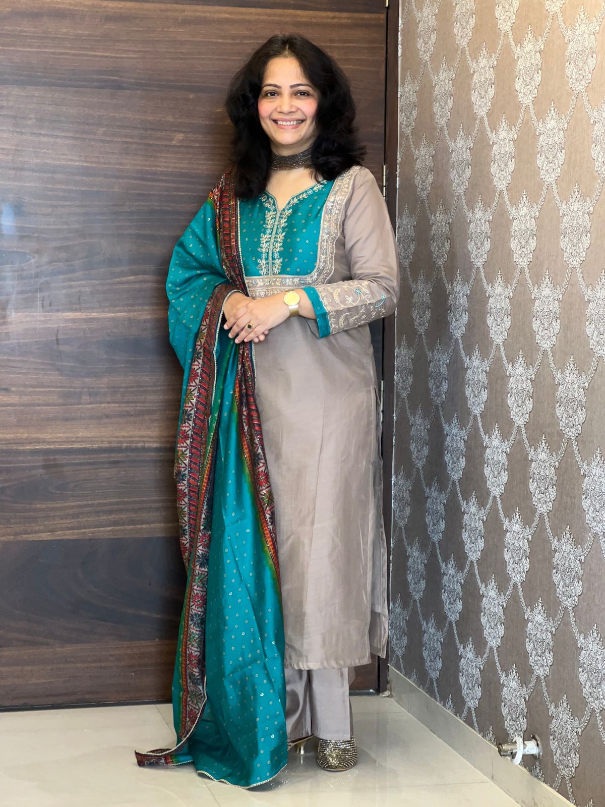 Nude & Firozi Color Mul Chanderi Dupatta Set