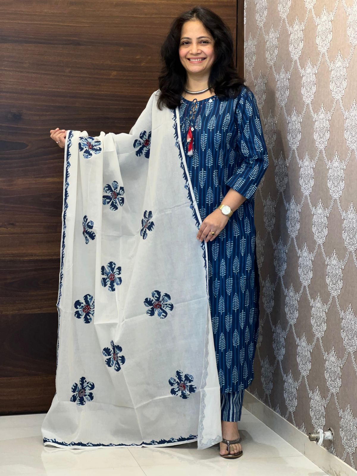 Bagru Buta Motifs Printed Indigo Colour Pure Cotton Dupatta Set