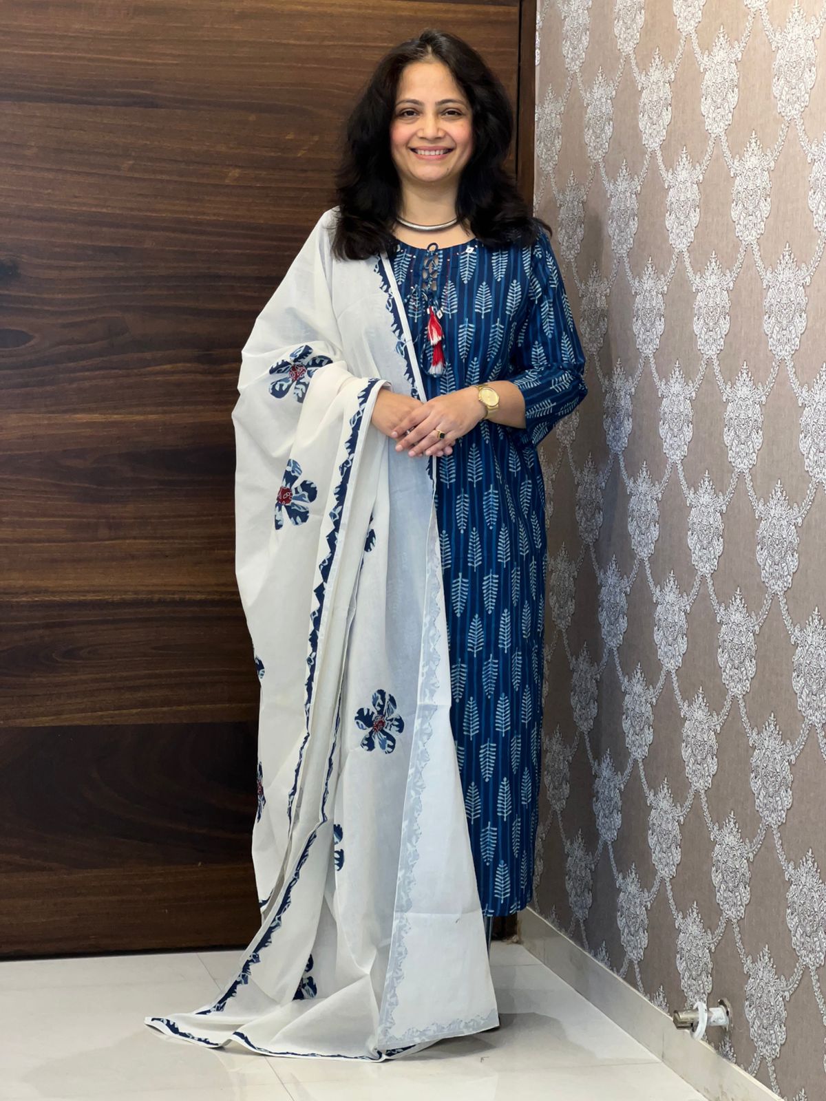 Bagru Buta Motifs Printed Indigo Colour Pure Cotton Dupatta Set