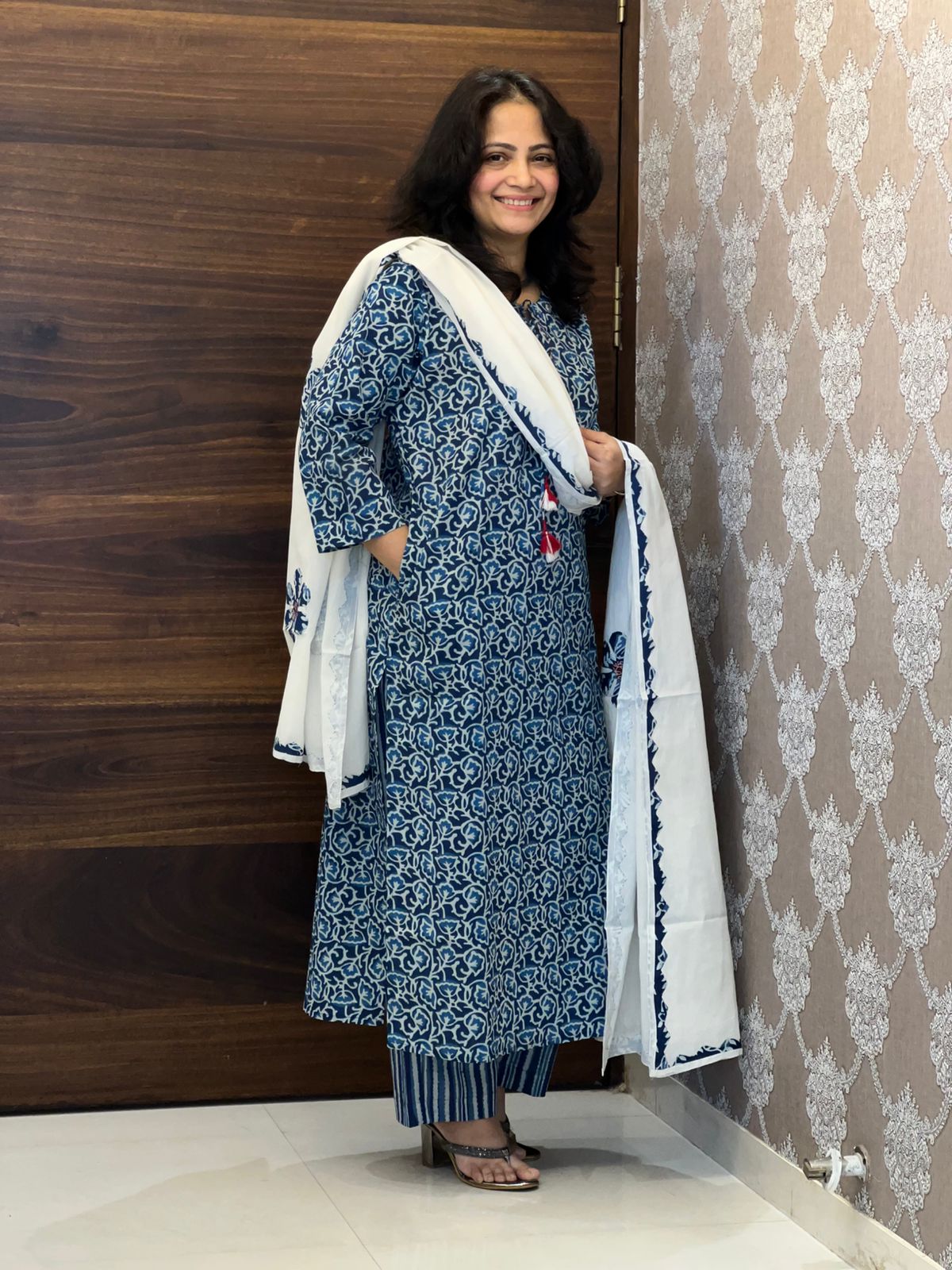 Bagru Jali Printed Indigo Colour Pure Cotton Dupatta Set
