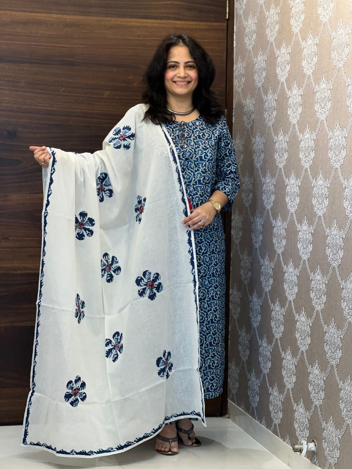 Bagru Jali Printed Indigo Colour Pure Cotton Dupatta Set