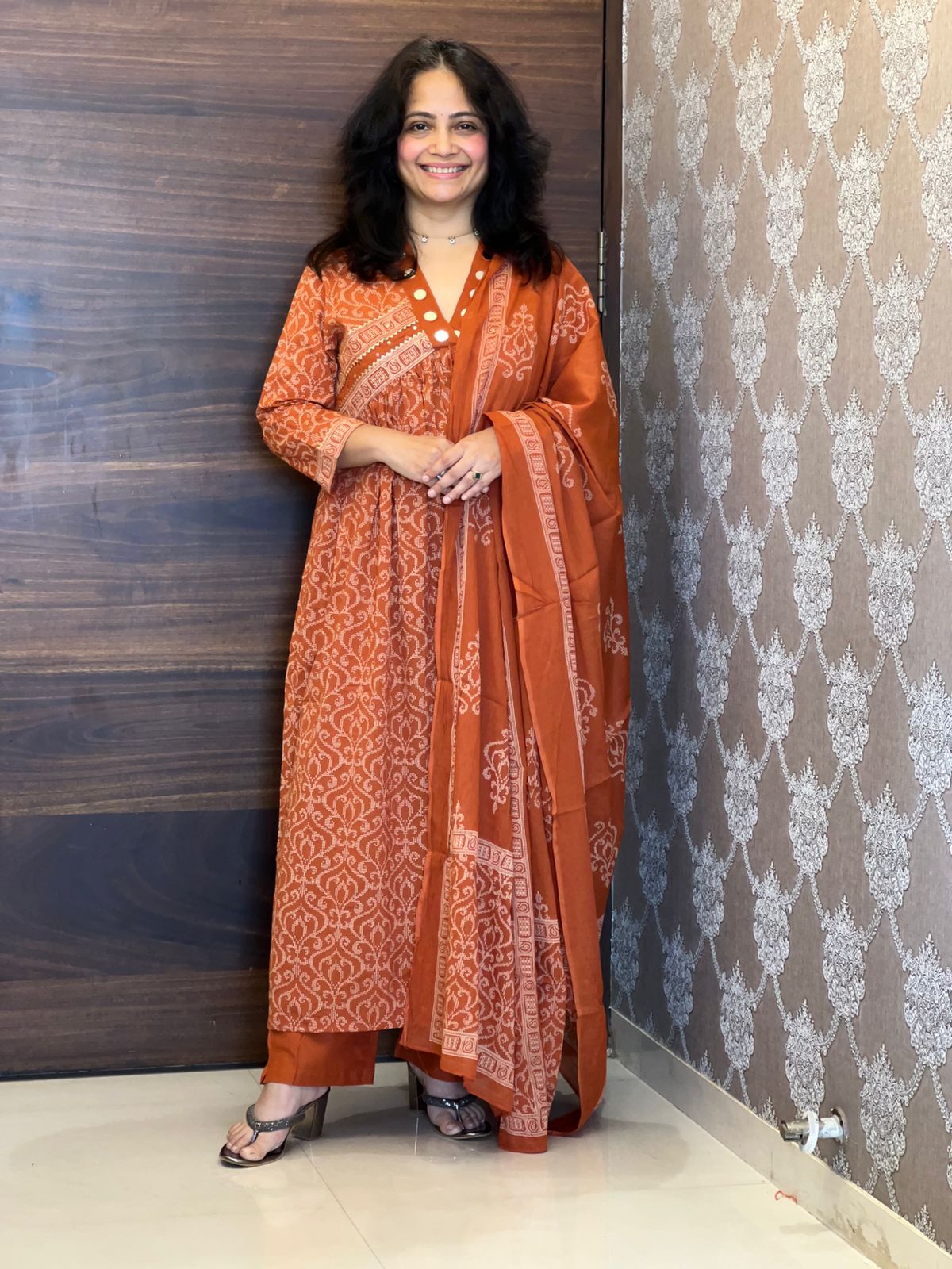 Rust Colour Pure Cotton A line Dupatta Set