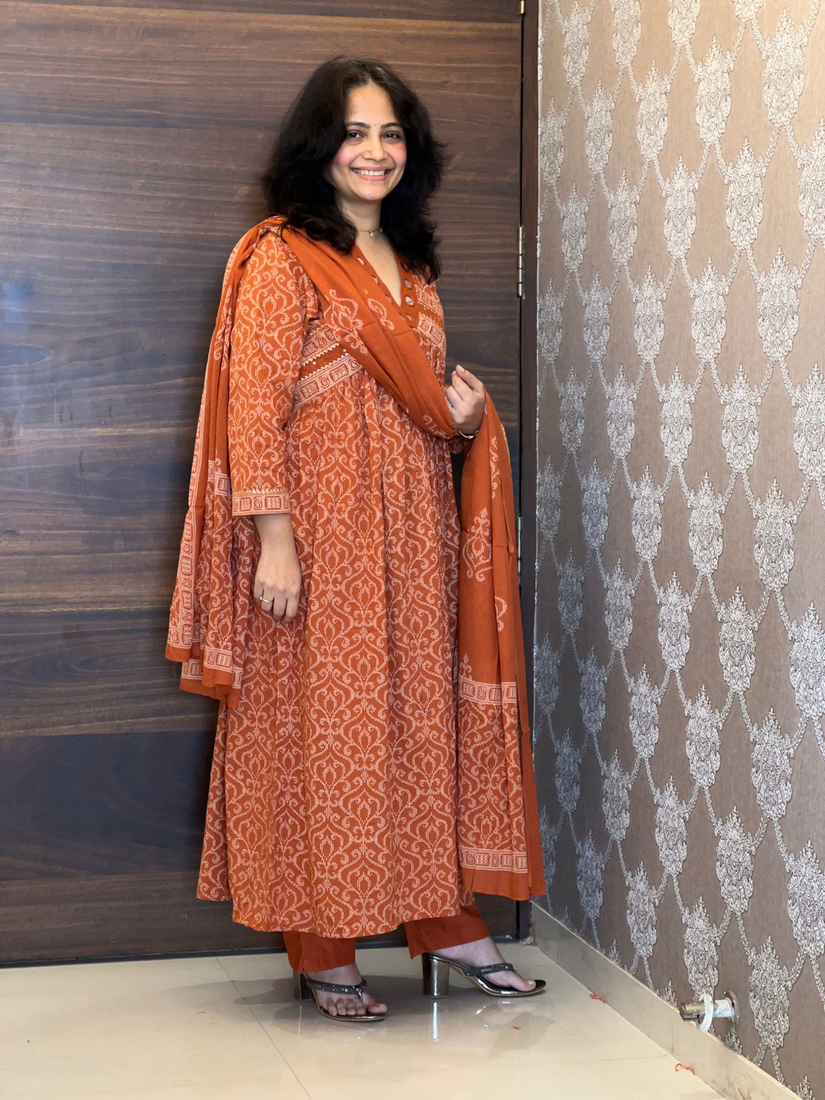 Rust Colour Pure Cotton A line Dupatta Set