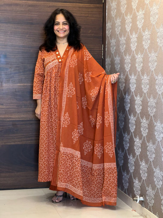 Rust Colour Pure Cotton A line Dupatta Set