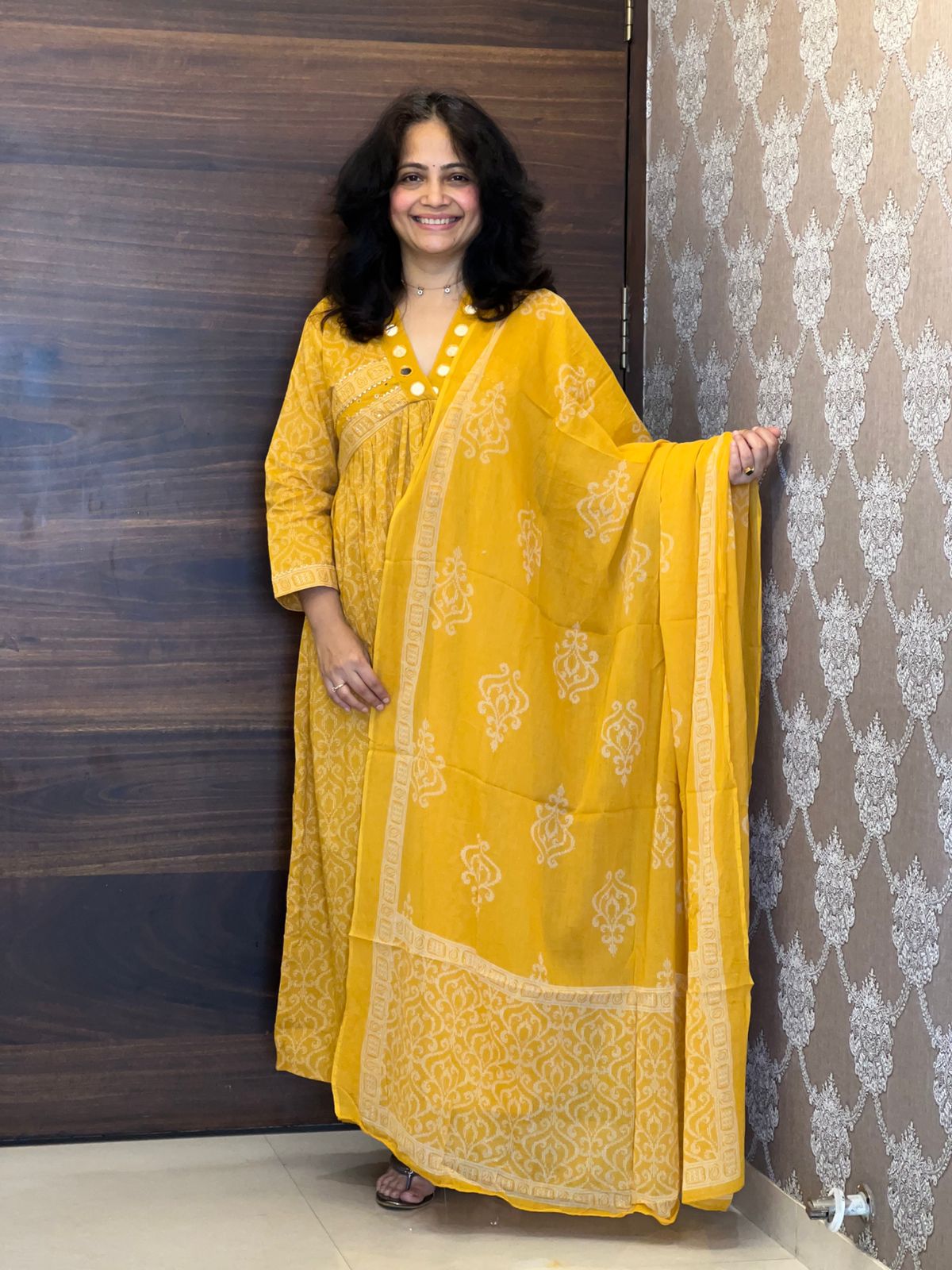 Yellow Colour Pure Cotton A line Dupatta Set