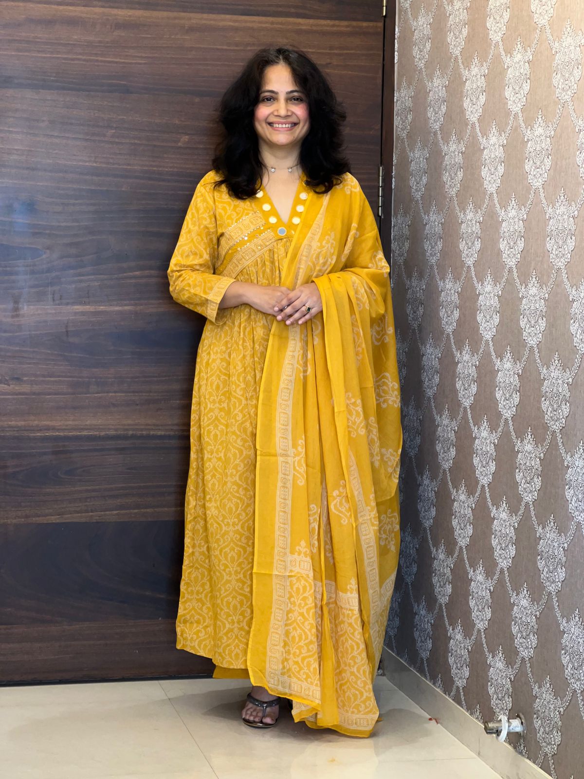 Yellow Colour Pure Cotton A line Dupatta Set