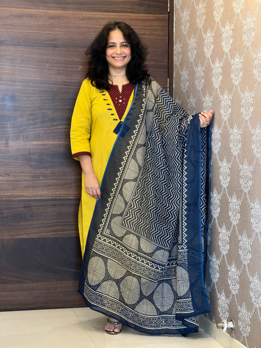Yellow- Blue Premium Cotton Dupatta Set