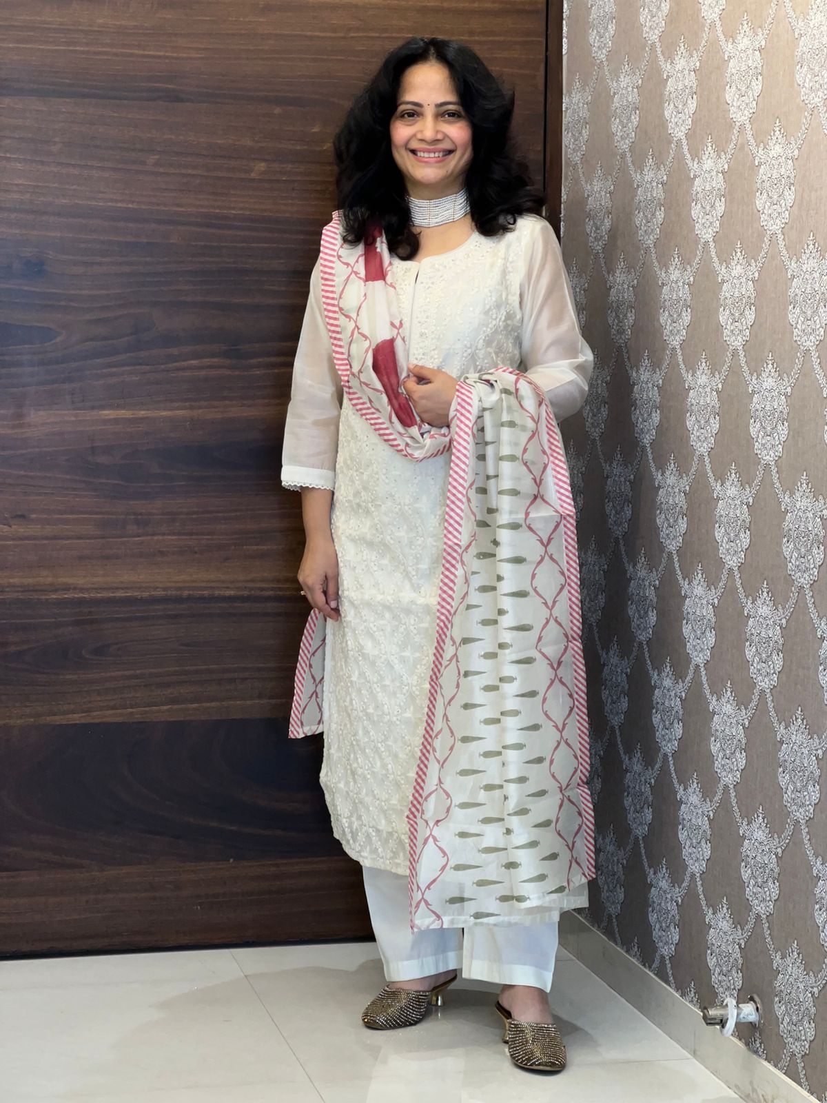 Cream White Color Chanderi Dupatta Set