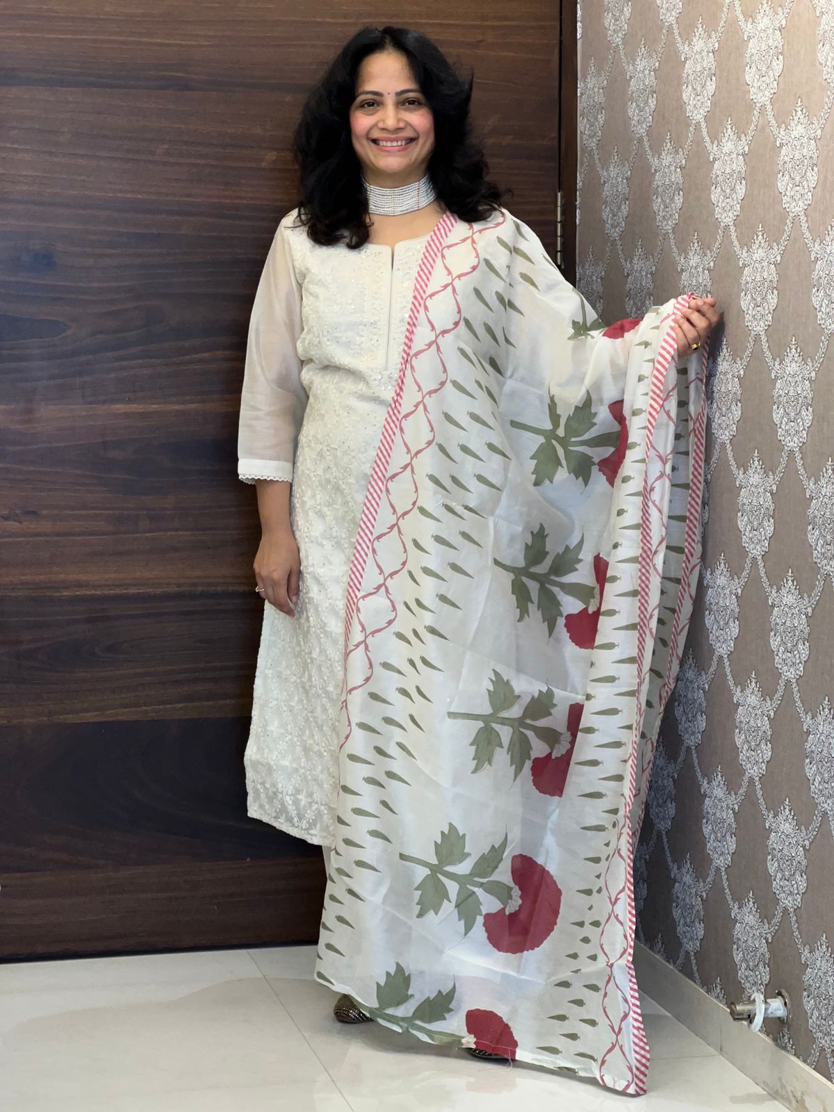 Cream White Color Chanderi Dupatta Set