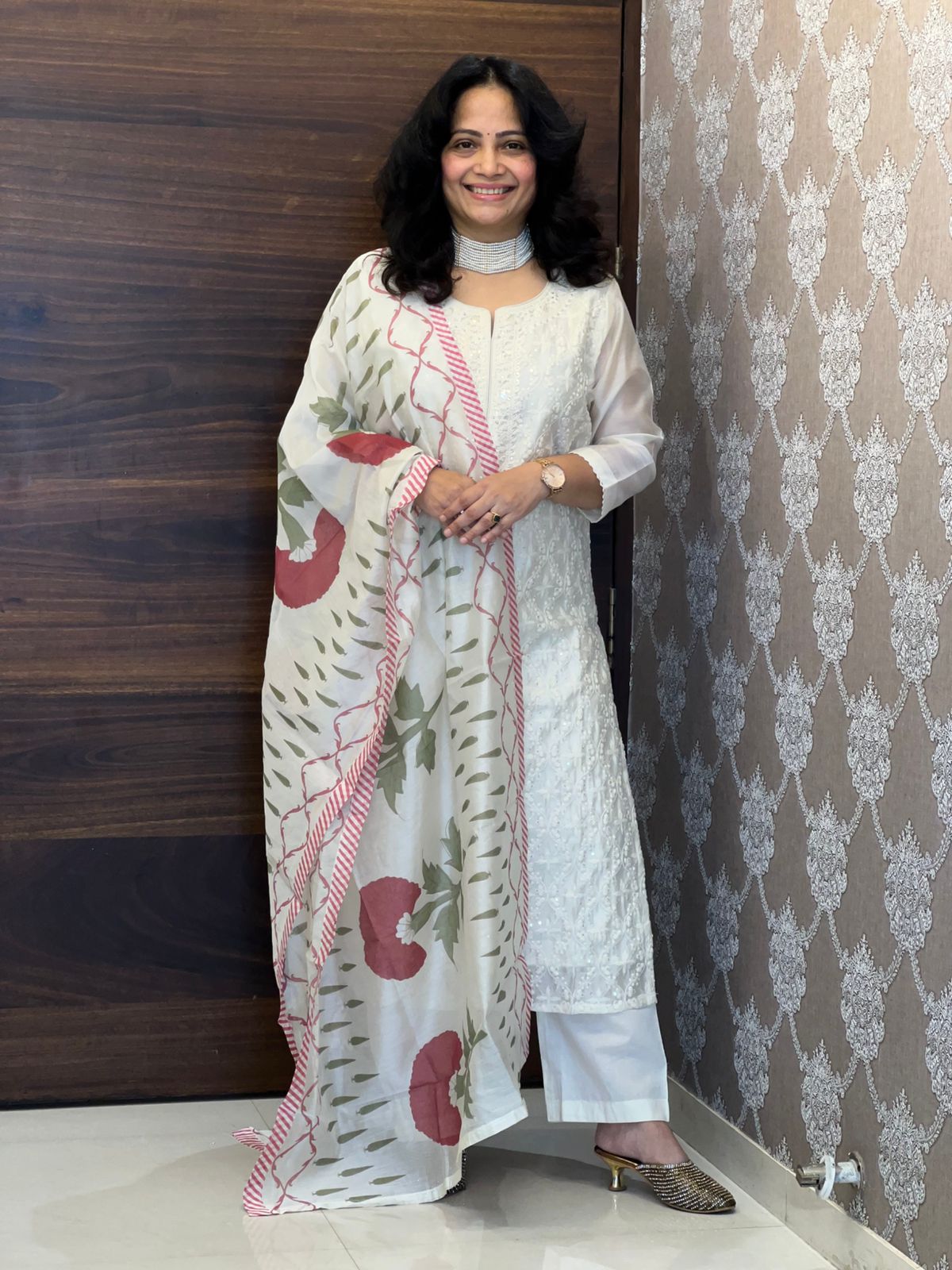 Cream White Color Chanderi Dupatta Set