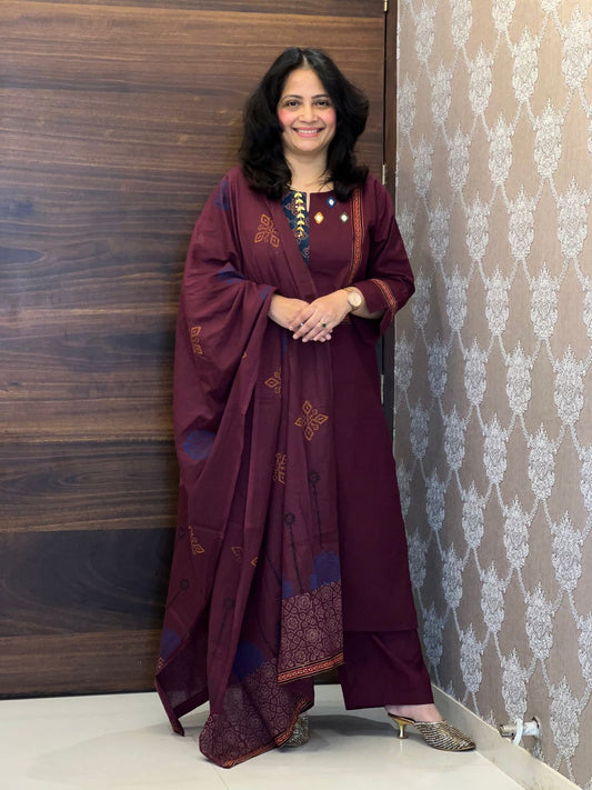 Wine Colour Premium Cotton Dupatta Set