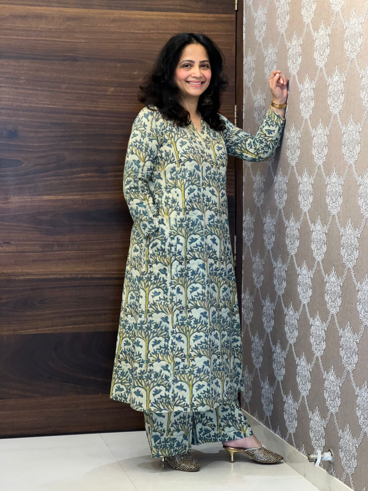 Green Color Vanaspati Hand Block Print Pure Cotton A Line Kurti-Palazzo Set
