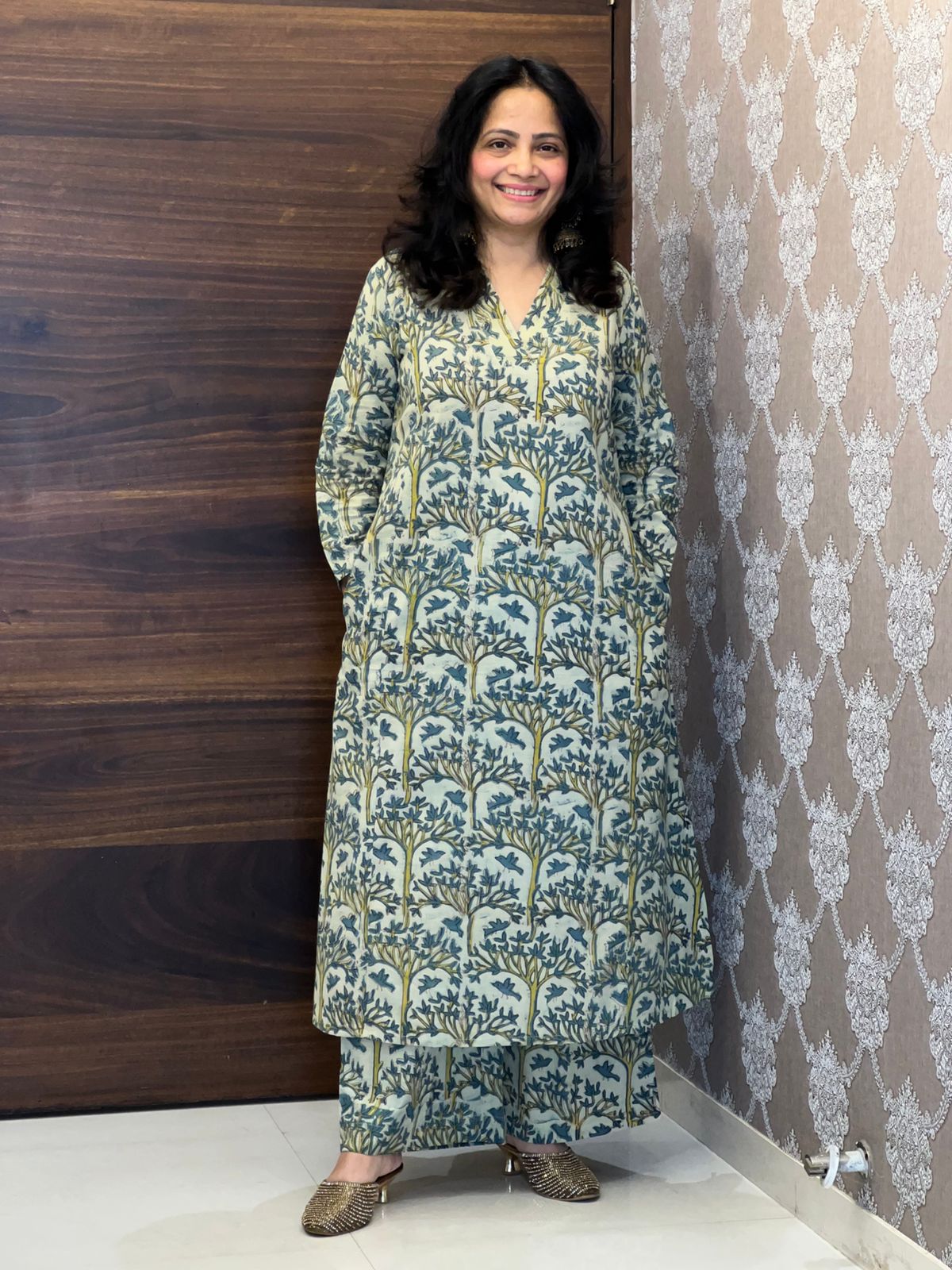 Green Color Vanaspati Hand Block Print Pure Cotton A Line Kurti-Palazzo Set
