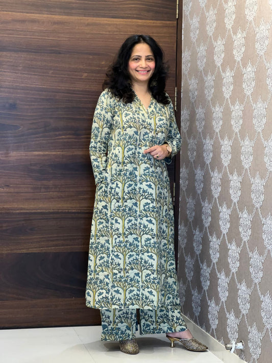 Green Color Vanaspati Hand Block Print Pure Cotton A Line Kurti-Palazzo Set