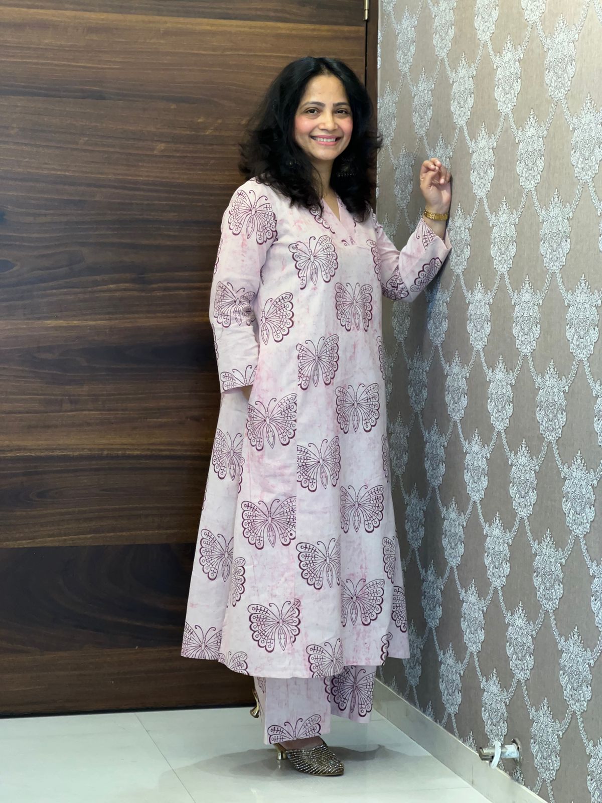 Pink Color Dabu Hand Block Print Pure Cotton A Line Kurti With Palazzo