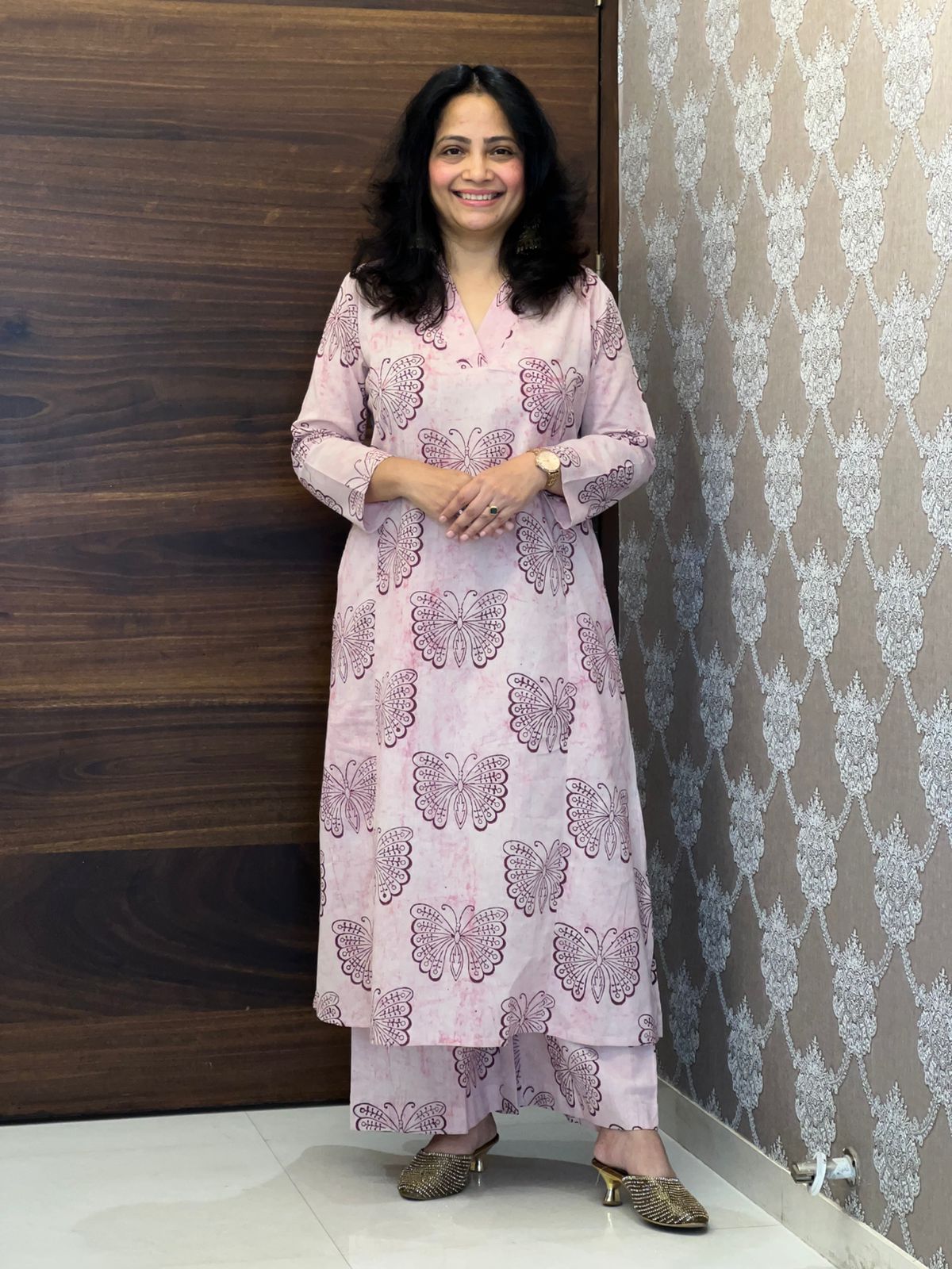 Pink Color Dabu Hand Block Print Pure Cotton A Line Kurti With Palazzo