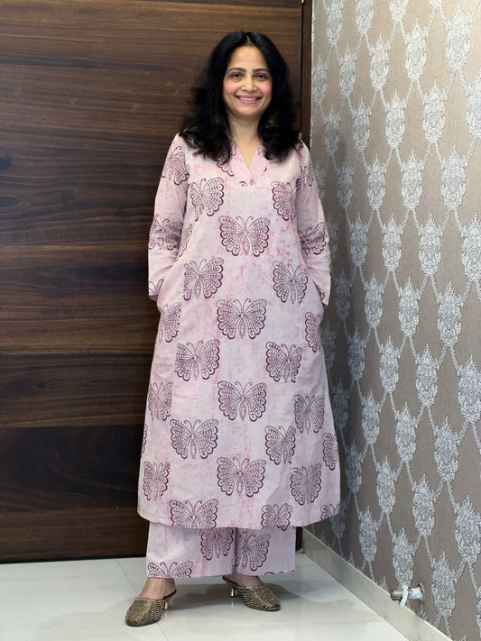 Pink Color Dabu Hand Block Print Pure Cotton A Line Kurti With Palazzo