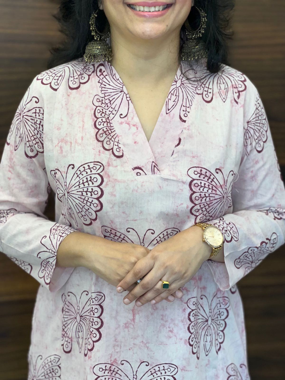 Pink Color Dabu Hand Block Print Pure Cotton A Line Kurti With Palazzo