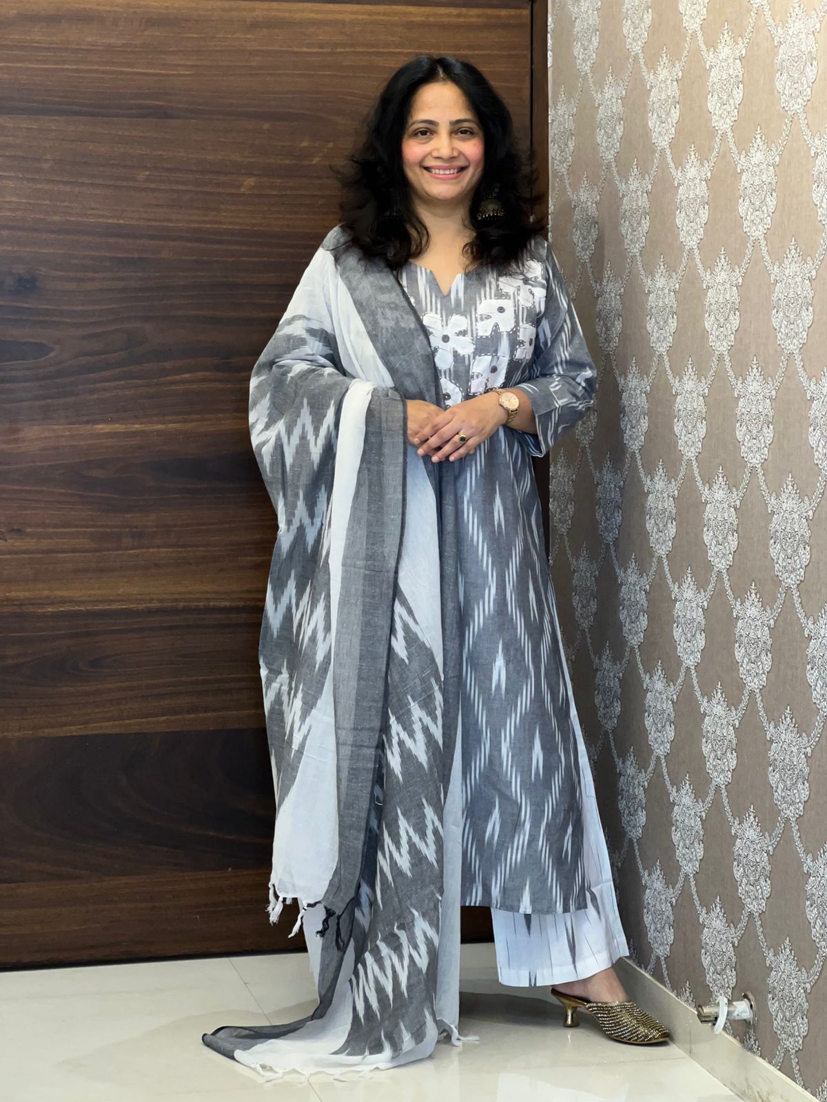 Handloom Ikkat Applique Work Dupatta Set