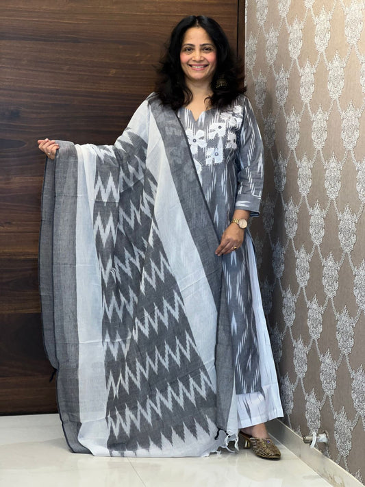 Handloom Ikkat Applique Work Dupatta Set