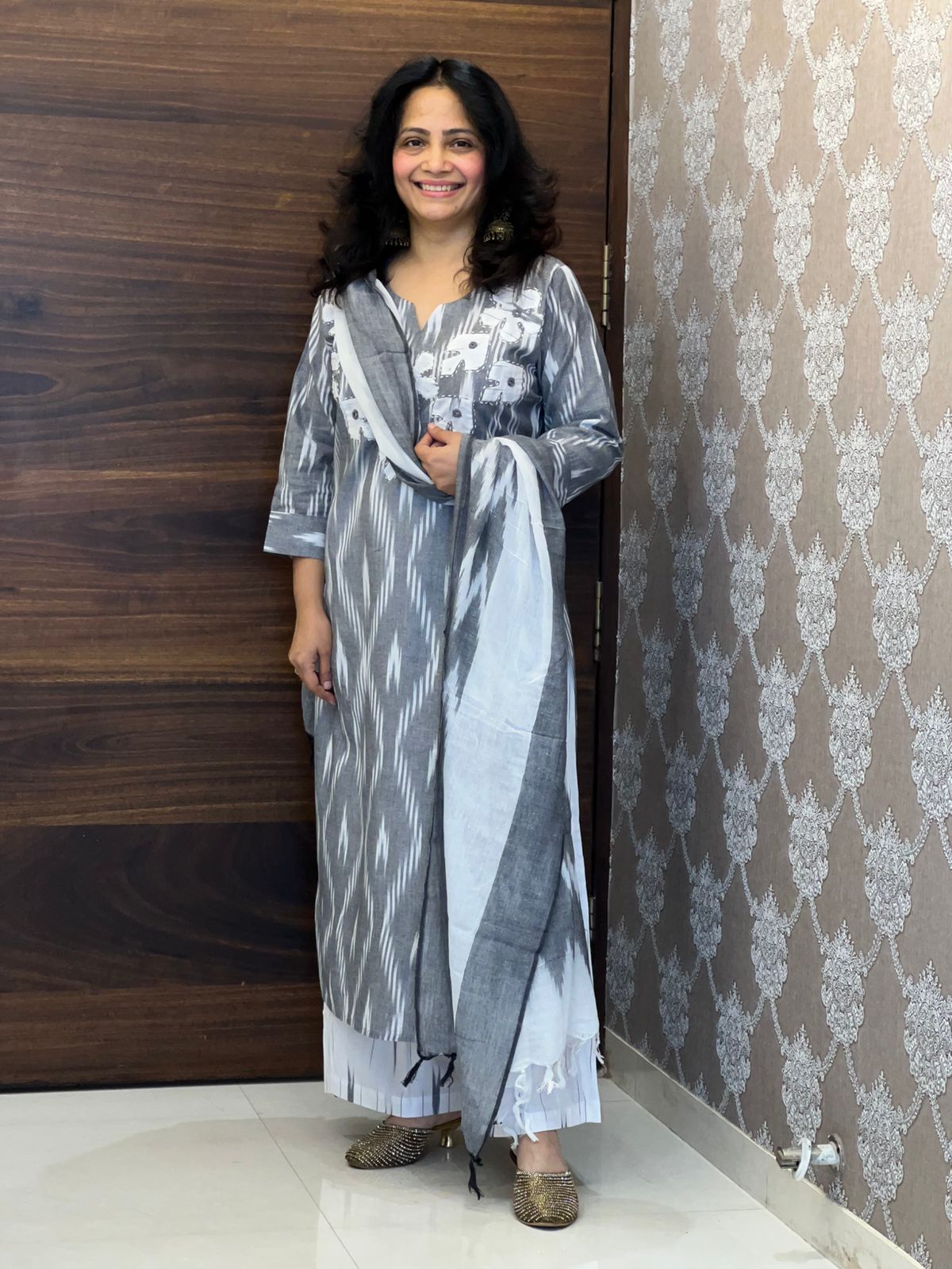 Handloom Ikkat Applique Work Dupatta Set