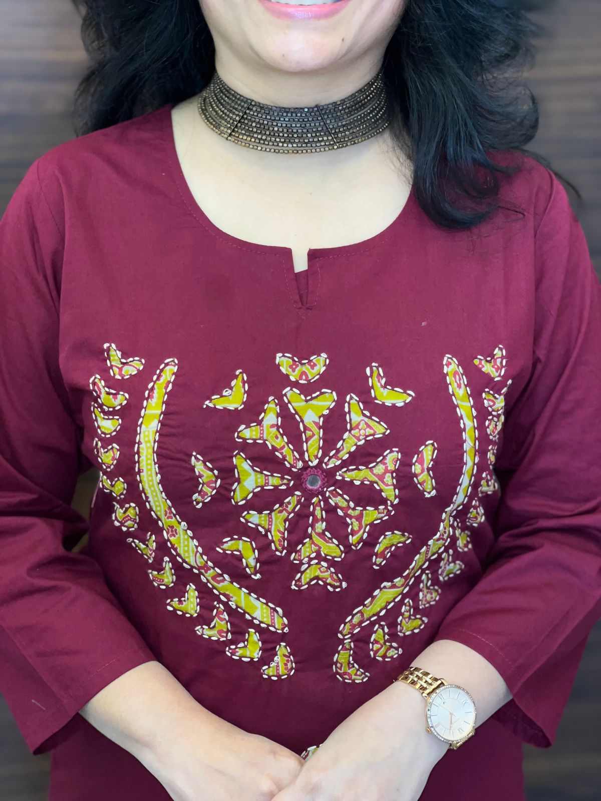 Deep Maroon Colour Daboo Cotton Applique Work Dupatta Set