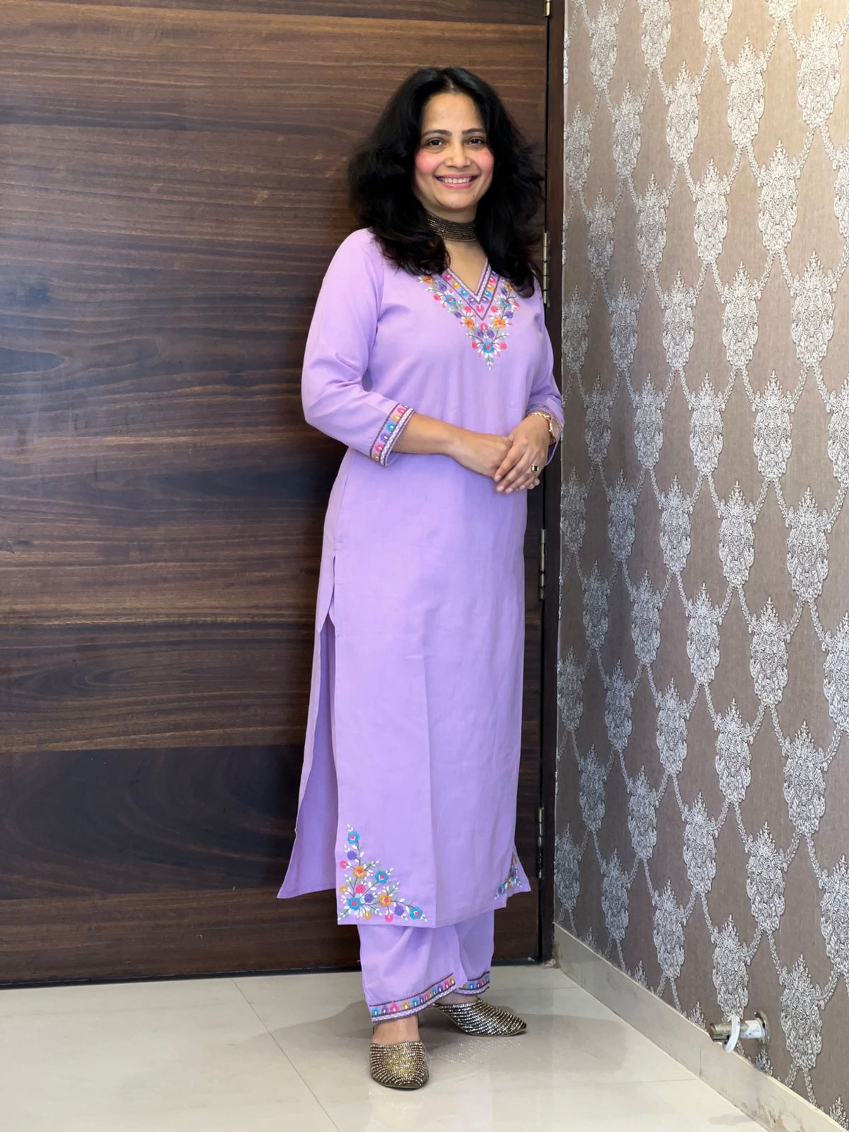 Purple Colour Cotton Flex Kurti-Pant Set